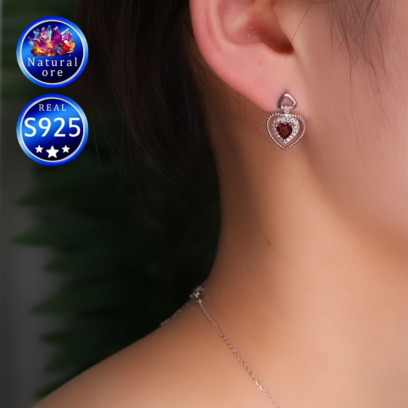 Heart-Shaped Red Garnet Silver Earrings